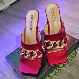 Cape Robbin Red Satin Mules with Gold Chain